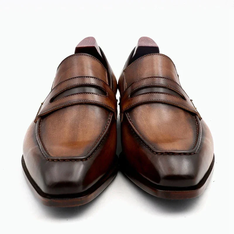 Saigon Leather Square Toe Patina Hand-Painted Calf Leather Bespoke Men’s Loafer - Image 5