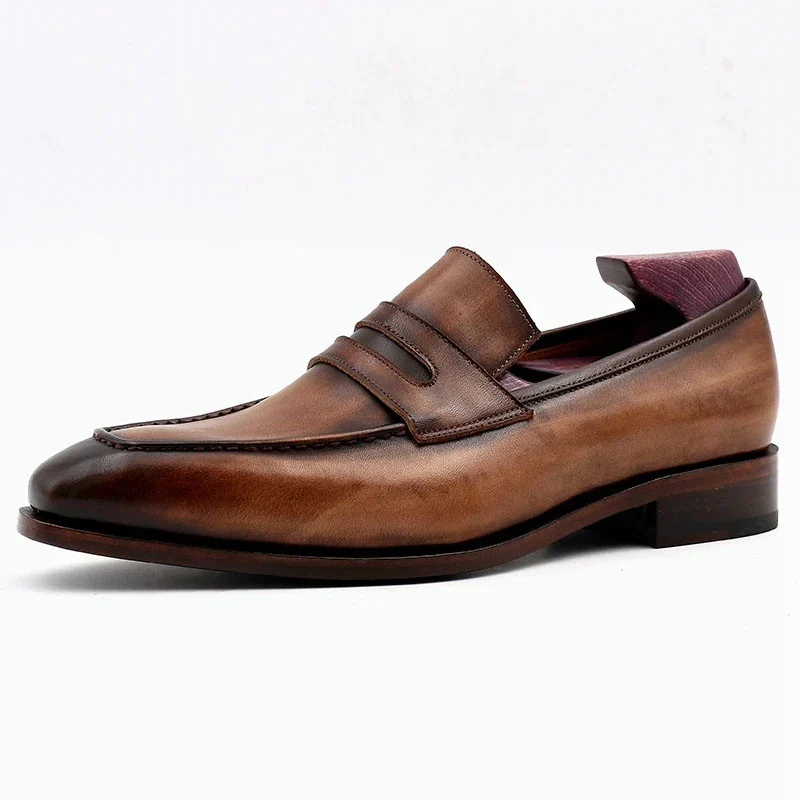 Saigon Leather Square Toe Patina Hand-Painted Calf Leather Bespoke Men’s Loafer