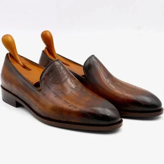Saigon Leather Round Toe Laser Patina Brown Calf Leather Bespoke Men’s Loafer, Handmade Breathable Shoe