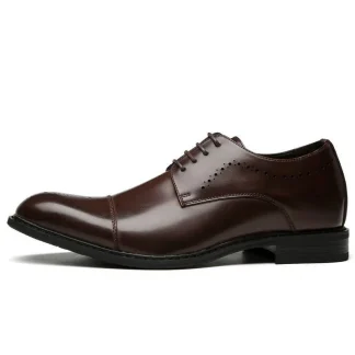 5CM Height Increase Men’s Brogue Leather Dress Shoes - Classic Brown Black Square Toe Derby Formal Elevator High Heel