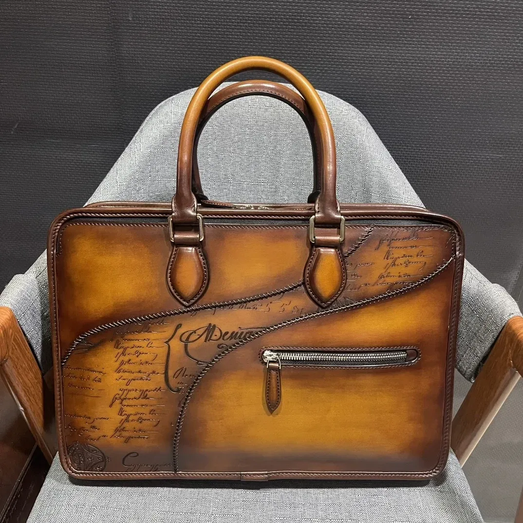 Handmade Vintage Togo Venezia Leather Briefcase - Genuine Leather Laptop Messenger Bag for Men - Image 6