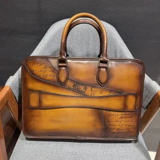 Handmade Vintage Togo Venezia Leather Briefcase - Genuine Leather Laptop Messenger Bag for Men