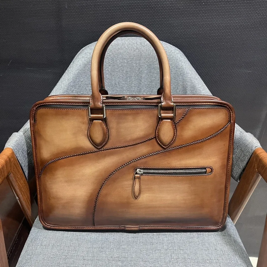 Handmade Vintage Togo Venezia Leather Briefcase - Genuine Leather Laptop Messenger Bag for Men - Image 5