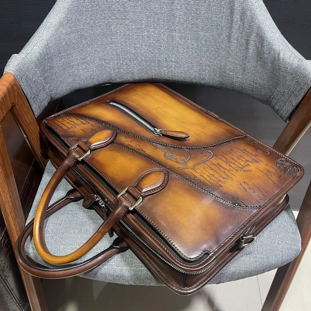 Handmade Vintage Togo Venezia Leather Briefcase - Genuine Leather Laptop Messenger Bag for Men - Image 2