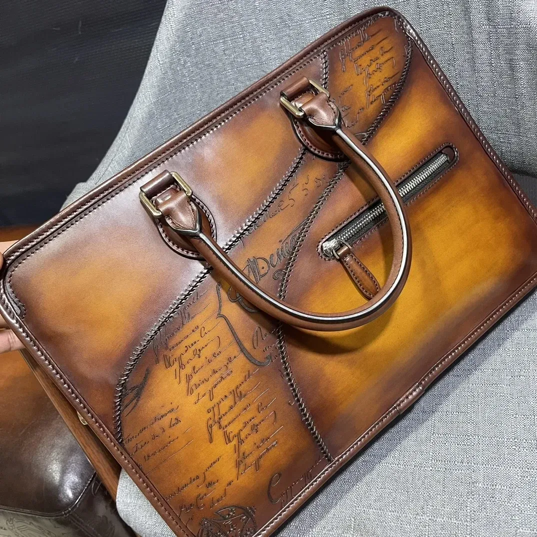Handmade Vintage Togo Venezia Leather Briefcase - Genuine Leather Laptop Messenger Bag for Men - Image 3