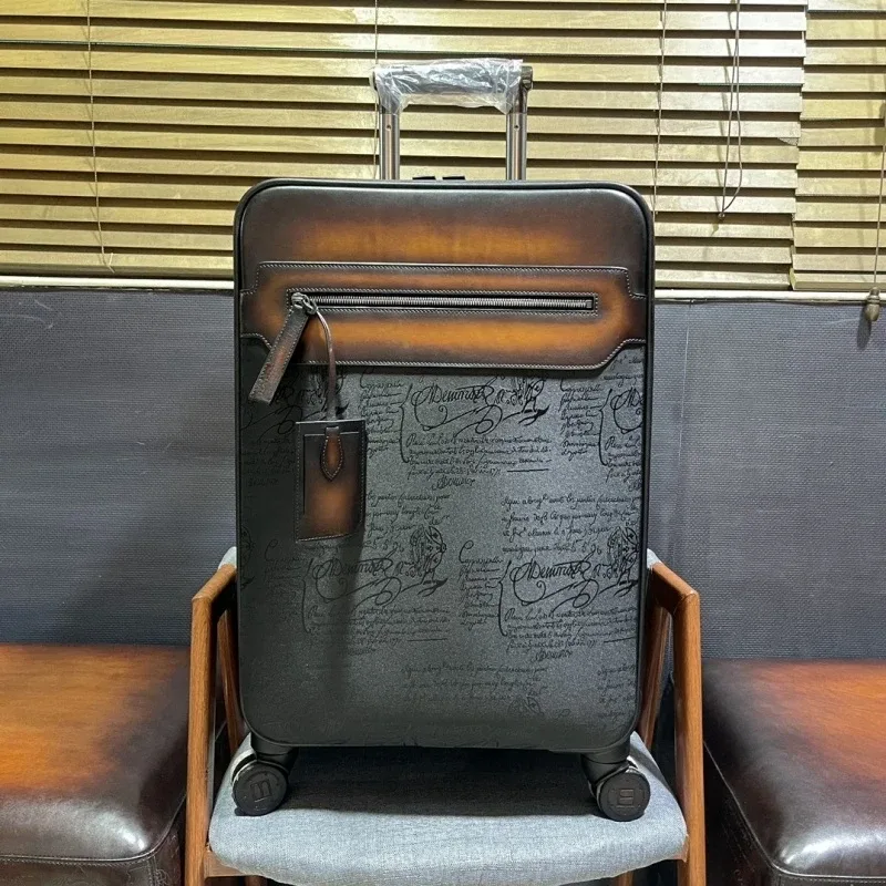 Leather Business Trolley - Unisex Soft Luggage with Universal Wheels