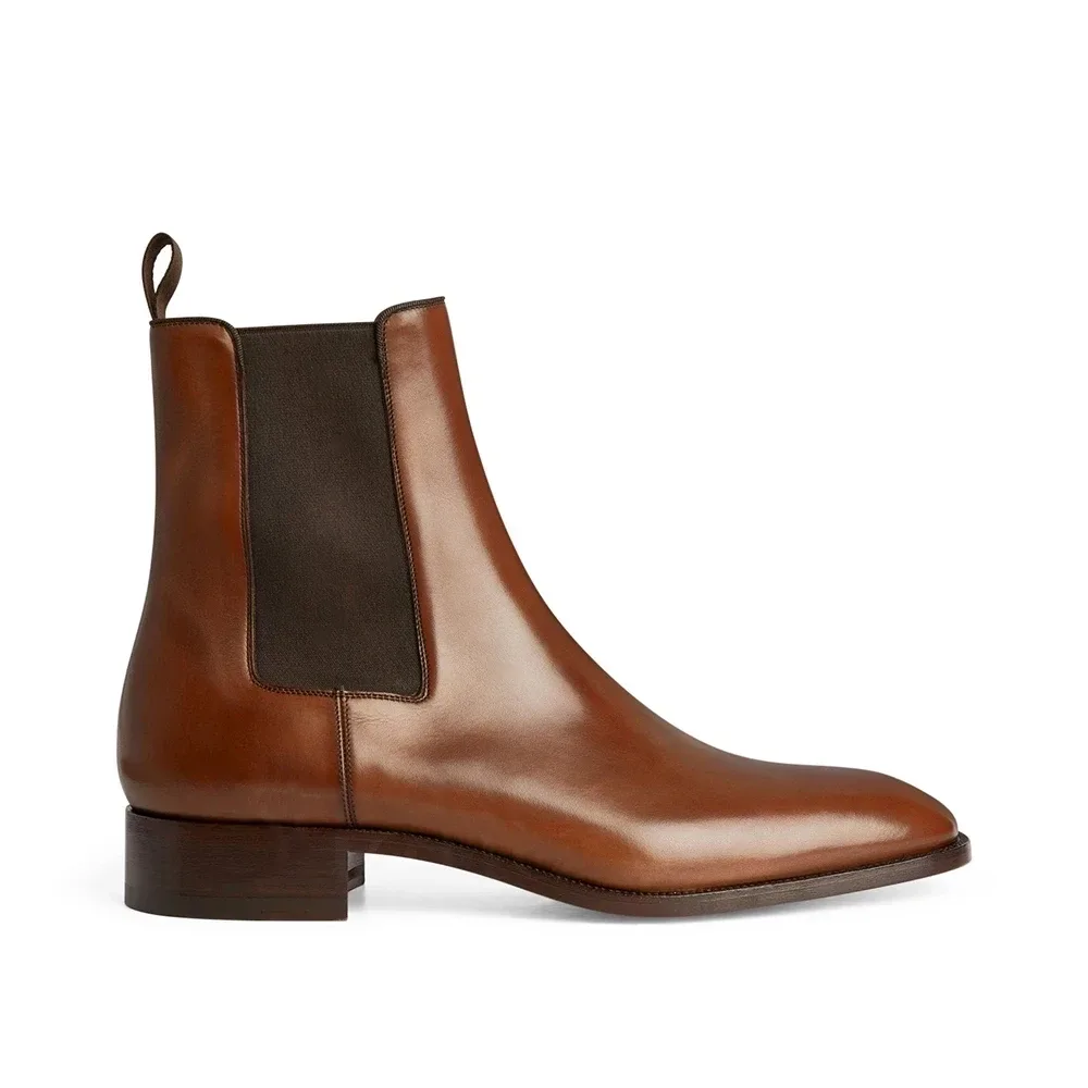 Men’s Brown Patent Leather Stretch Boots – Almond Toe Slip-On Designer Ankle Boots - Image 3