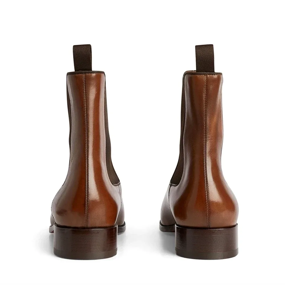Men’s Brown Patent Leather Stretch Boots – Almond Toe Slip-On Designer Ankle Boots - Image 5