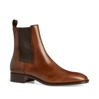 Men’s Brown Patent Leather Stretch Boots – Almond Toe Slip-On Designer Ankle Boots