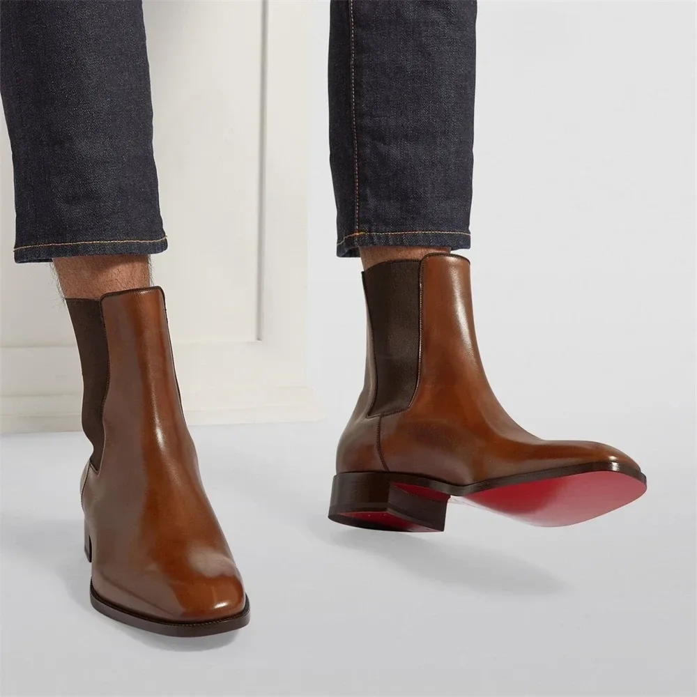 Men’s Brown Patent Leather Stretch Boots – Almond Toe Slip-On Designer Ankle Boots - Image 6