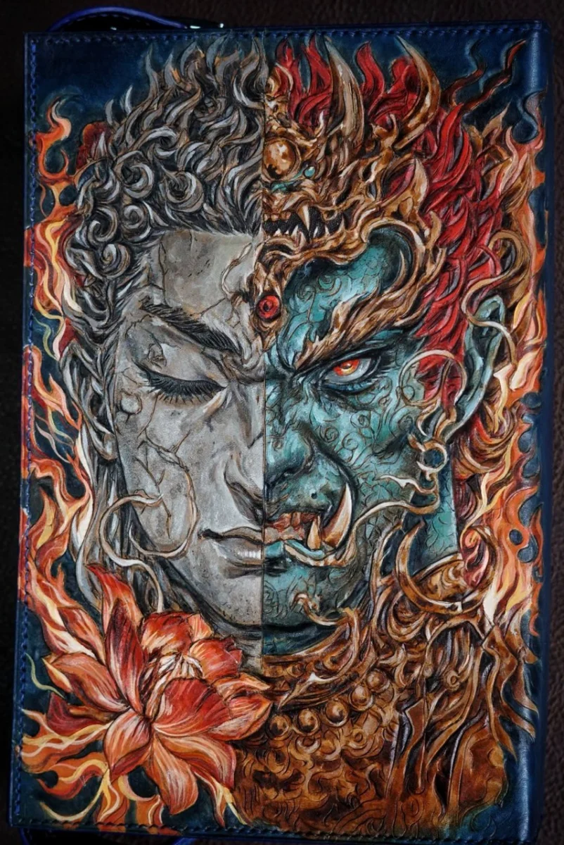 Saigon Leather’s Hand-Carved Dual-Sided Leather Handbag – Buddha & Demon Warrior