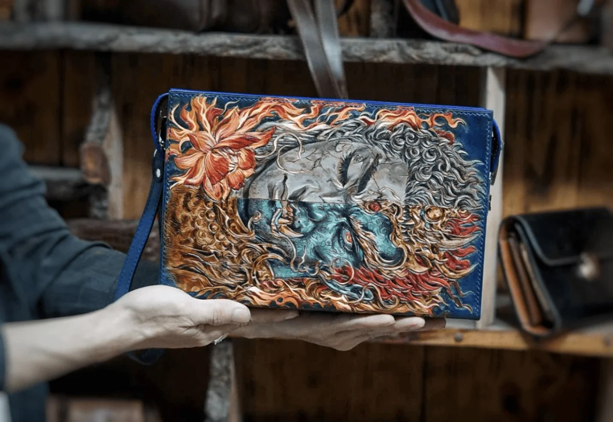 Saigon Leather’s Hand-Carved Dual-Sided Leather Handbag – Buddha & Demon Warrior - Image 2