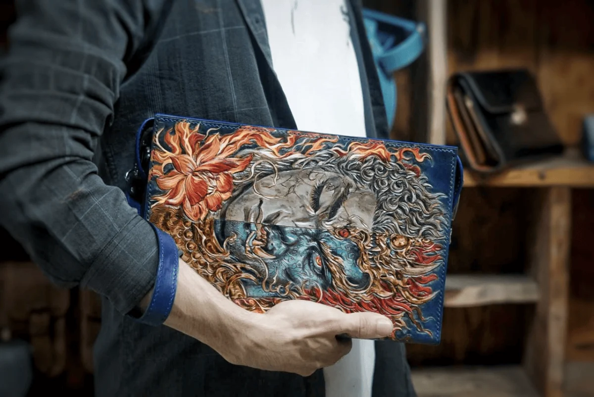 Saigon Leather’s Hand-Carved Dual-Sided Leather Handbag – Buddha & Demon Warrior - Image 3