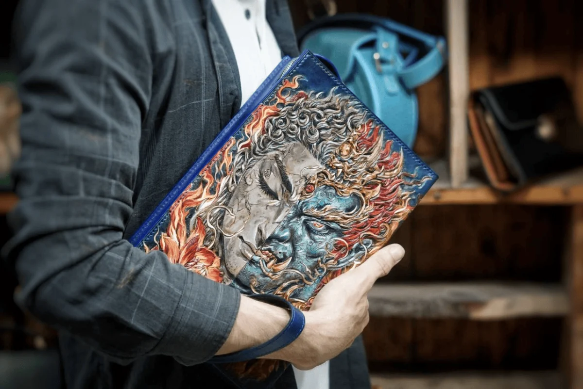 Saigon Leather’s Hand-Carved Dual-Sided Leather Handbag – Buddha & Demon Warrior - Image 4