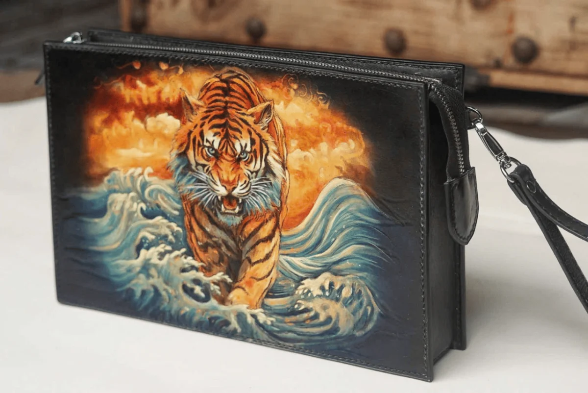 Saigon Leather’s Hand-Carved Leather Handbag – Tiger Through the Waves