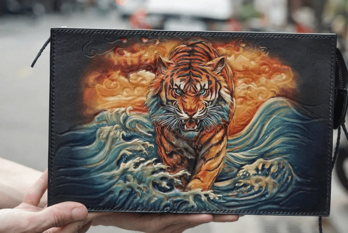 Saigon Leather’s Hand-Carved Leather Handbag – Tiger Through the Waves - Image 2