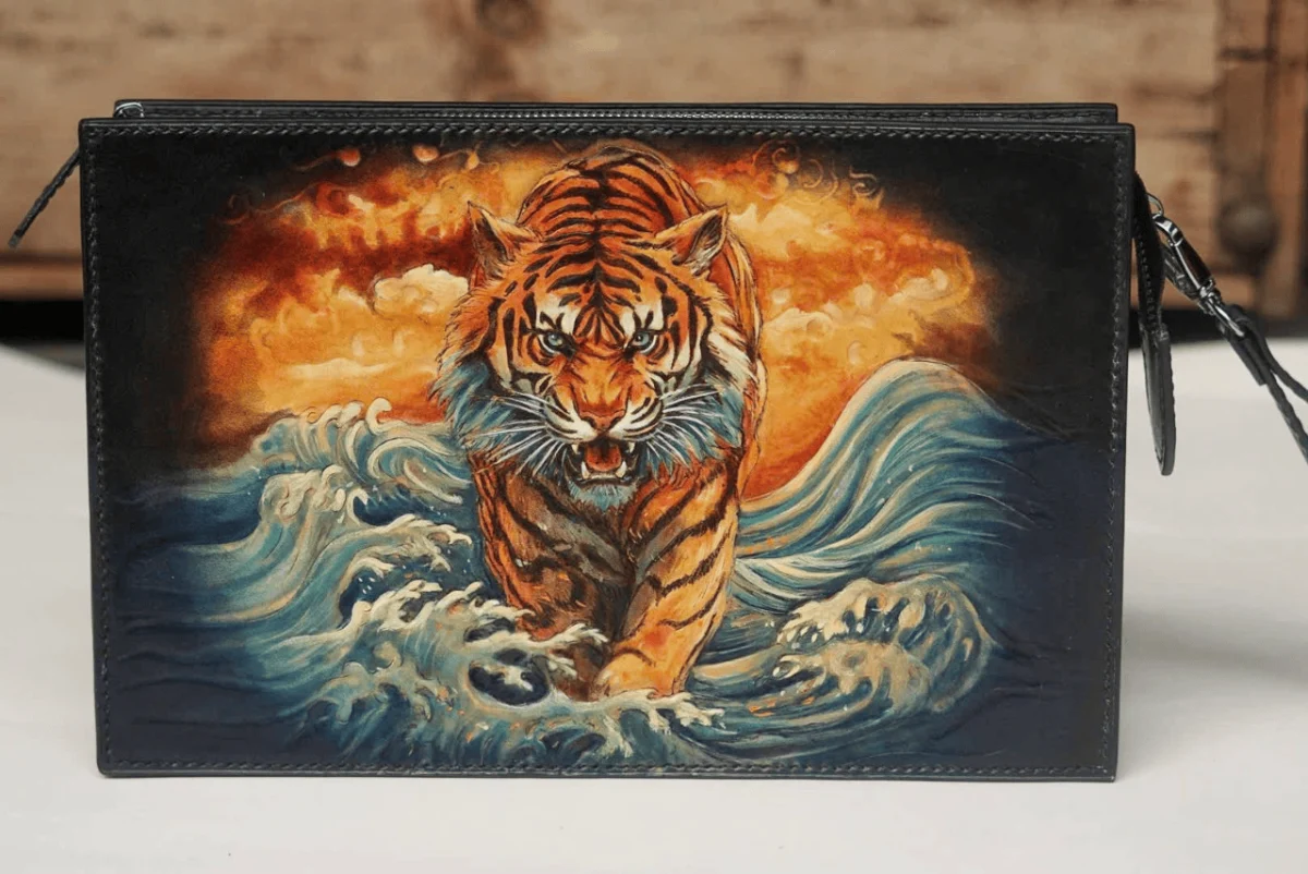 Saigon Leather’s Hand-Carved Leather Handbag – Tiger Through the Waves - Image 3