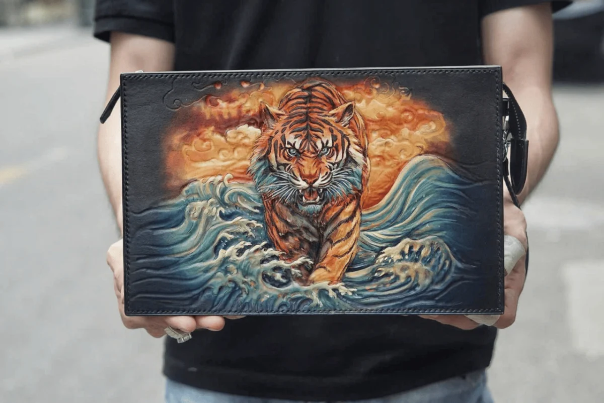Saigon Leather’s Hand-Carved Leather Handbag – Tiger Through the Waves - Image 4