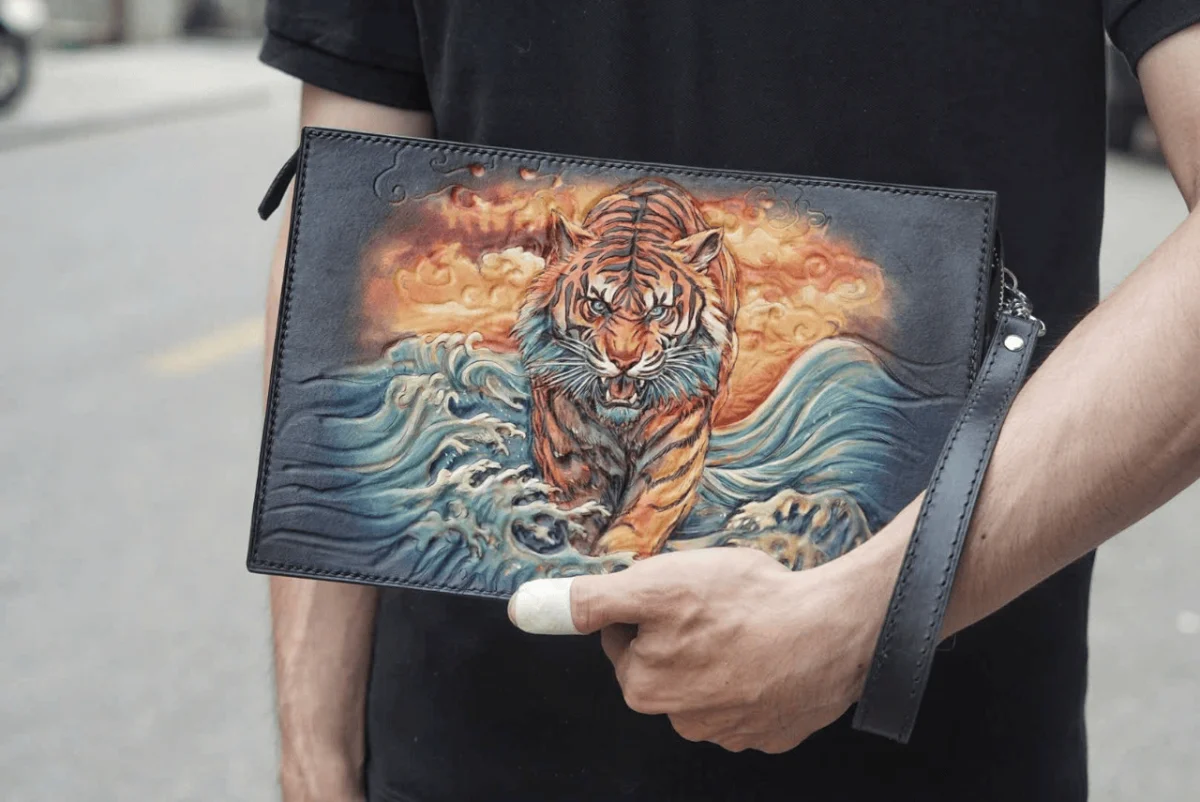 Saigon Leather’s Hand-Carved Leather Handbag – Tiger Through the Waves - Image 6
