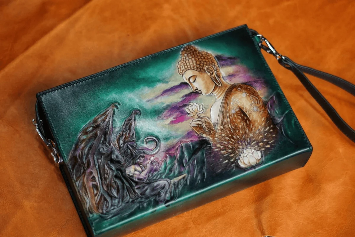Saigon Leather’s Customizable Double-Sided Engraved Leather Handbag – Enlightenment Amidst Darkness Edition