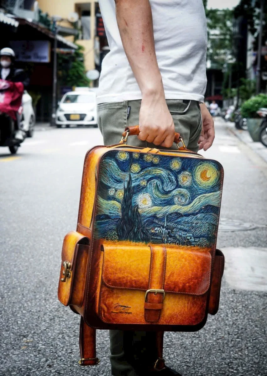 Saigon Leather Customizable Leather Backpack - Van Gogh's "Starry Night" Homage - Image 2