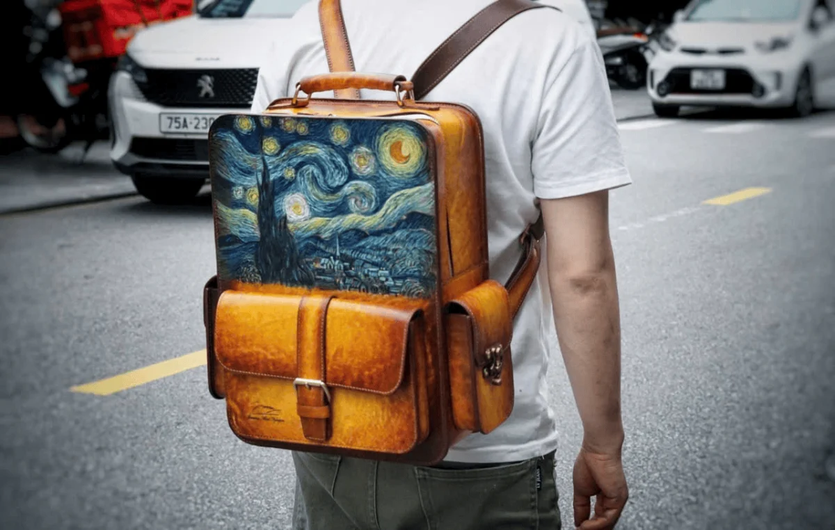Saigon Leather Customizable Leather Backpack - Van Gogh's "Starry Night" Homage - Image 5