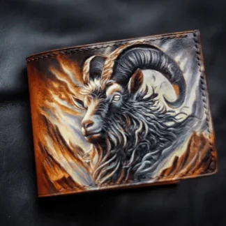 Saigon Leather’s Valais Bifold Wallet – Hand-Carved Goat Design with Painted Mountain Flame Effect W009