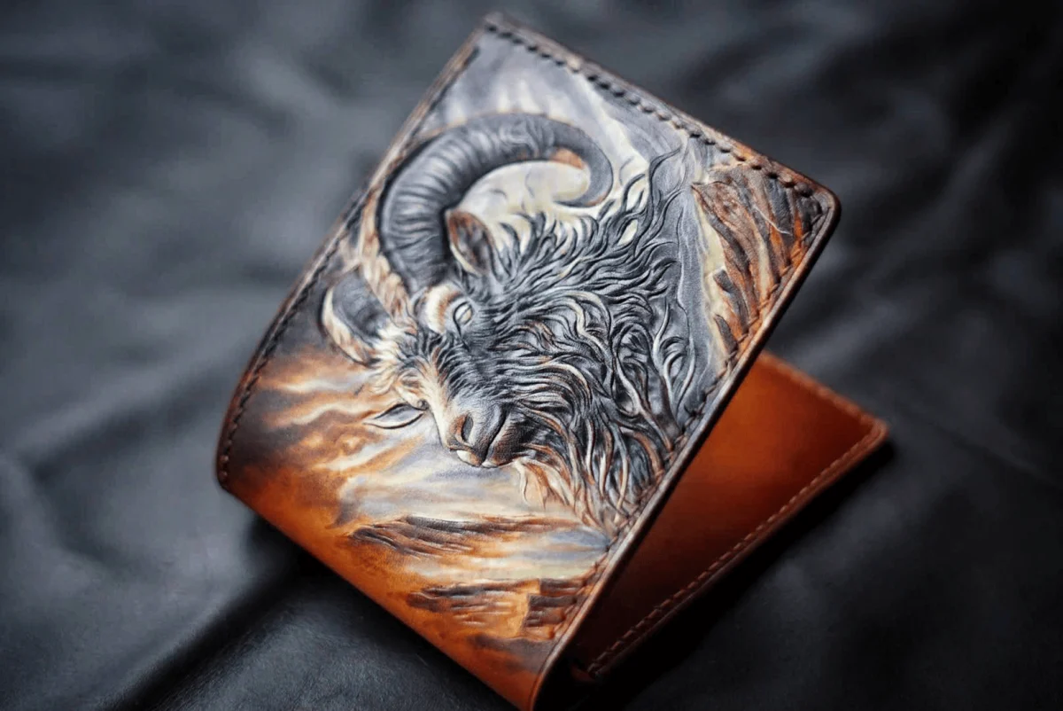 Saigon Leather’s Valais Bifold Wallet – Hand-Carved Goat Design with Painted Mountain Flame Effect W009 - Image 2