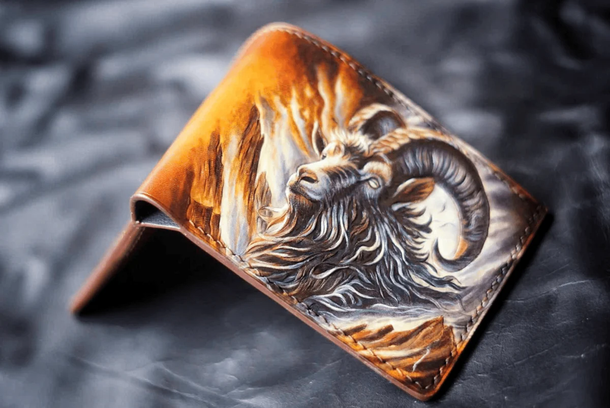 Saigon Leather’s Valais Bifold Wallet – Hand-Carved Goat Design with Painted Mountain Flame Effect W009 - Image 3