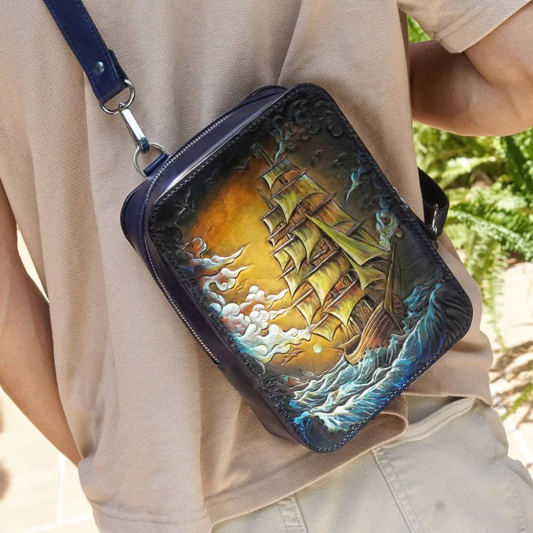 Saigon Leather’s Monaco Chest Bag – Hand-Dyed Leather with Sailboat Carving for Smooth Sailing - Image 3