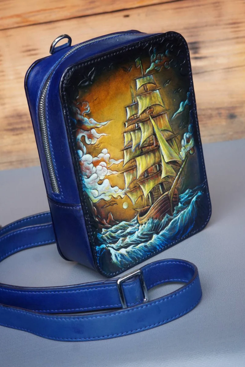 Saigon Leather’s Monaco Chest Bag – Hand-Dyed Leather with Sailboat Carving for Smooth Sailing - Image 4