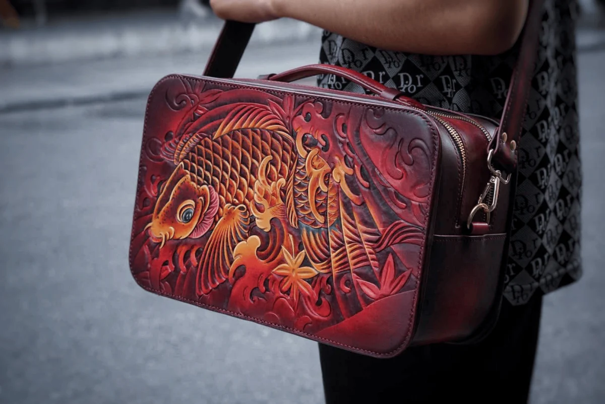 Saigon Leather The Hand-Painted Leather Mini Box Bag – Crimson Koi Edition - Image 3