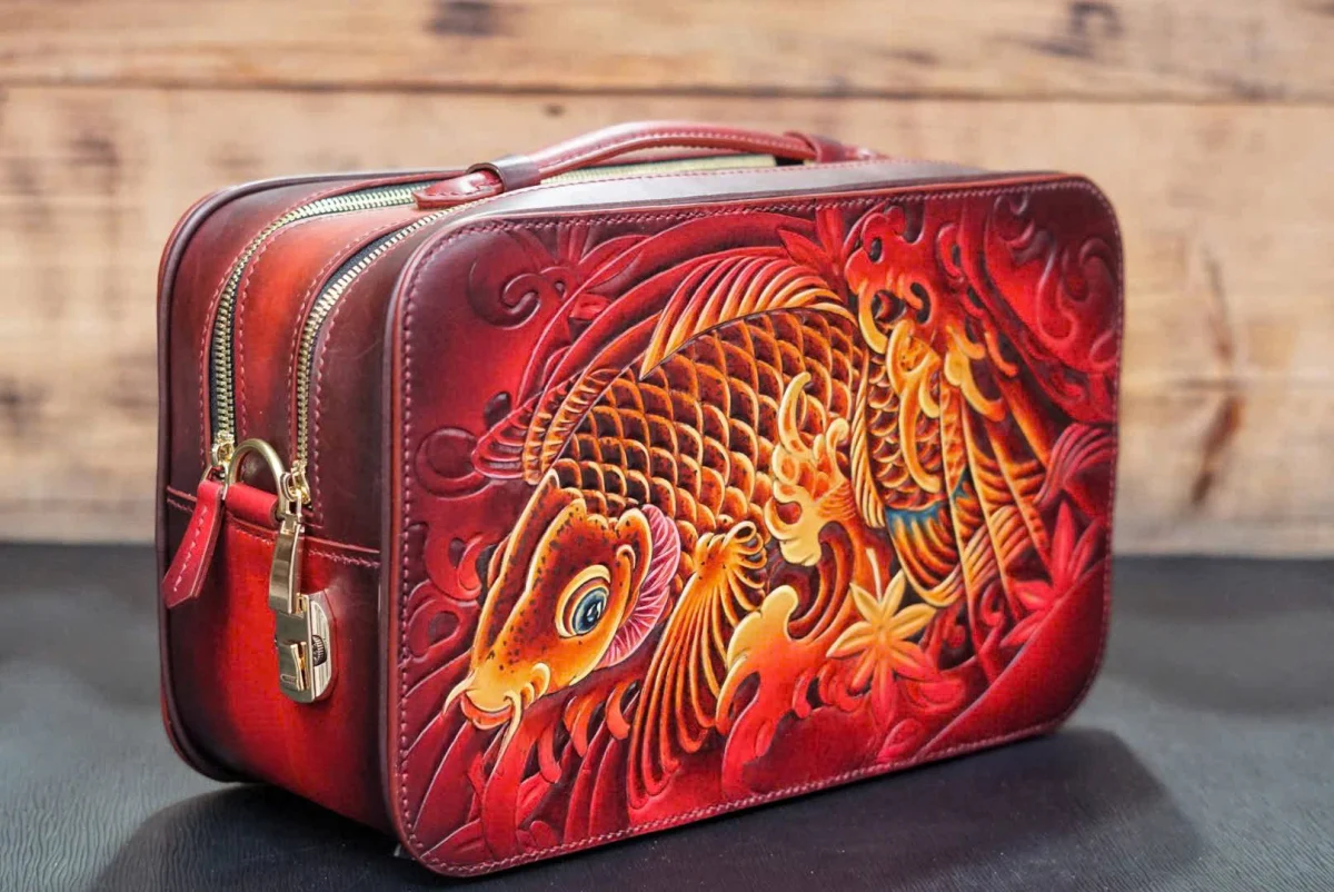 Saigon Leather The Hand-Painted Leather Mini Box Bag – Crimson Koi Edition - Image 2