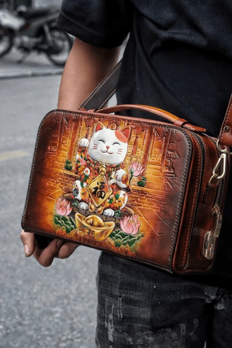Saigon Leather’s Lucky Maneki Neko Full-Grain Leather Bag with Lotus Detailing - Image 8