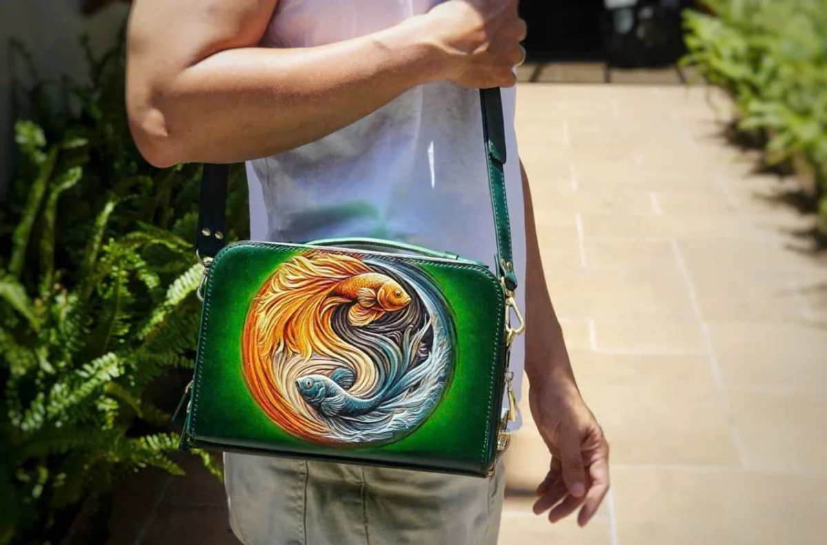 Saigon Leather’s Yin-Yang Betta Fish Hand-Carved Full-Grain Leather Bag - Image 7