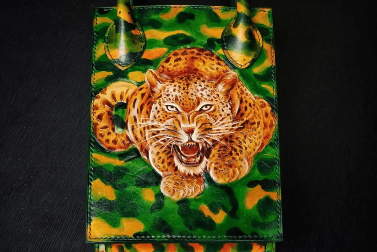 Saigon Leather Hand-Painted Leather Bag “Leopard Roar” – Tropical Jungle Green - Image 2