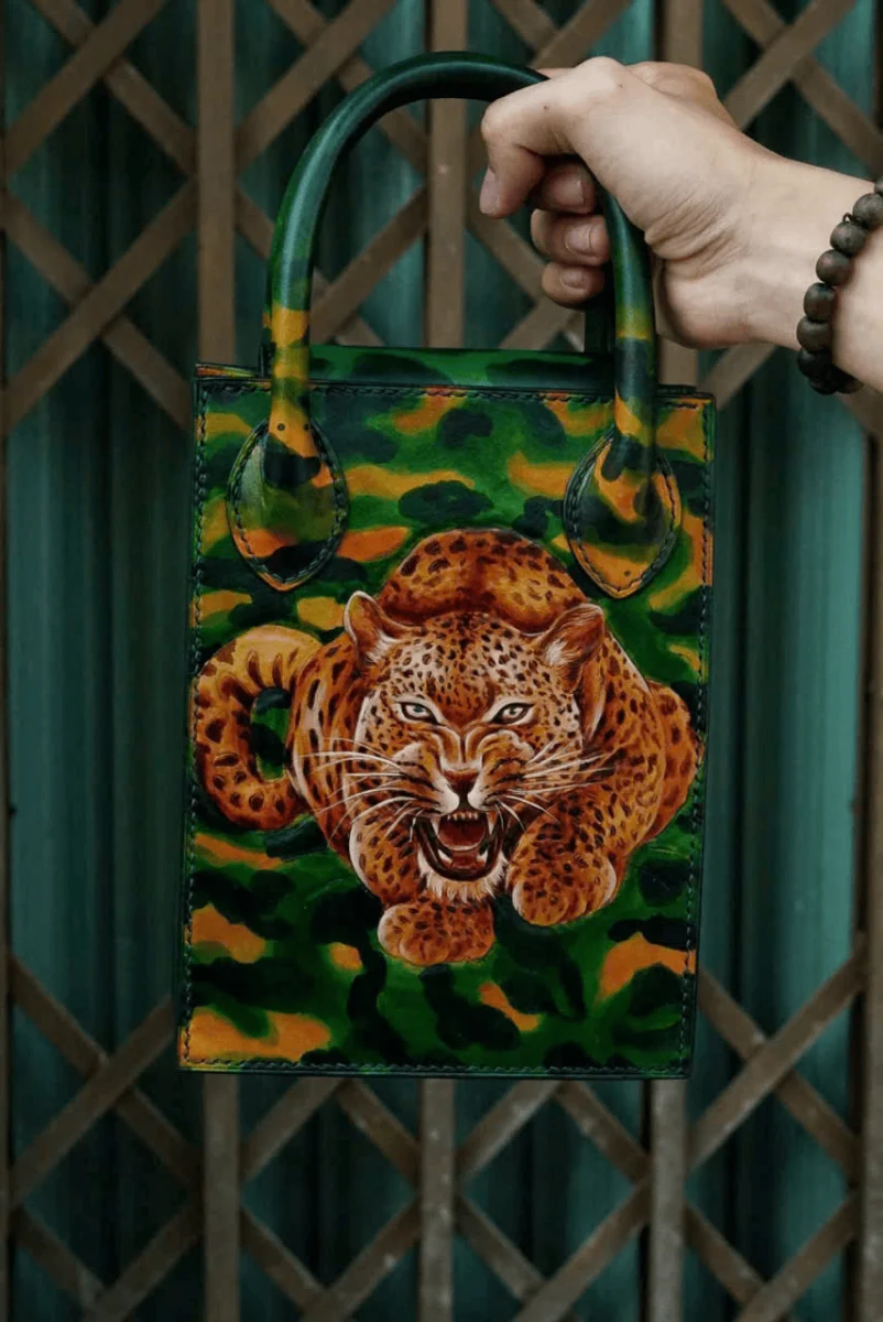 Saigon Leather Hand-Painted Leather Bag “Leopard Roar” – Tropical Jungle Green - Image 8