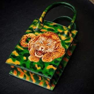 Saigon Leather Hand-Painted Leather Bag “Leopard Roar” – Tropical Jungle Green
