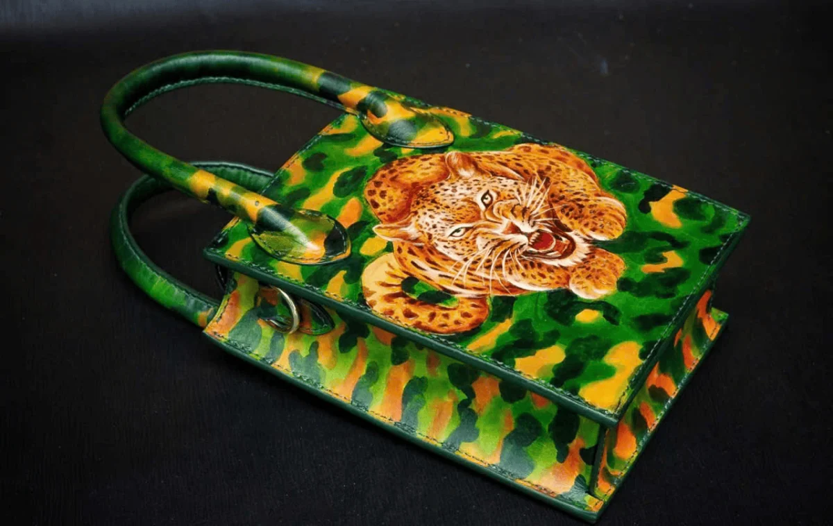 Saigon Leather Hand-Painted Leather Bag “Leopard Roar” – Tropical Jungle Green - Image 3