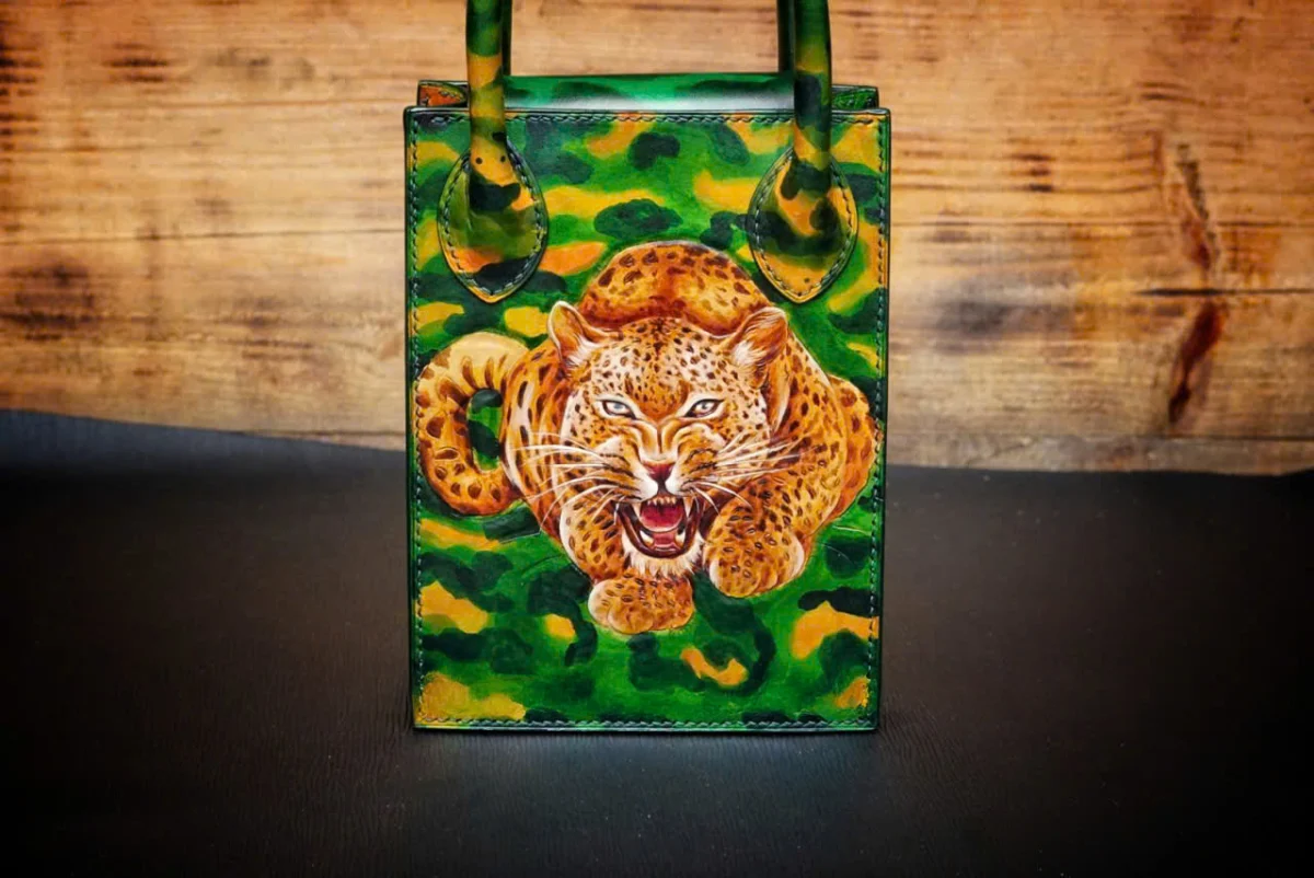 Saigon Leather Hand-Painted Leather Bag “Leopard Roar” – Tropical Jungle Green - Image 4