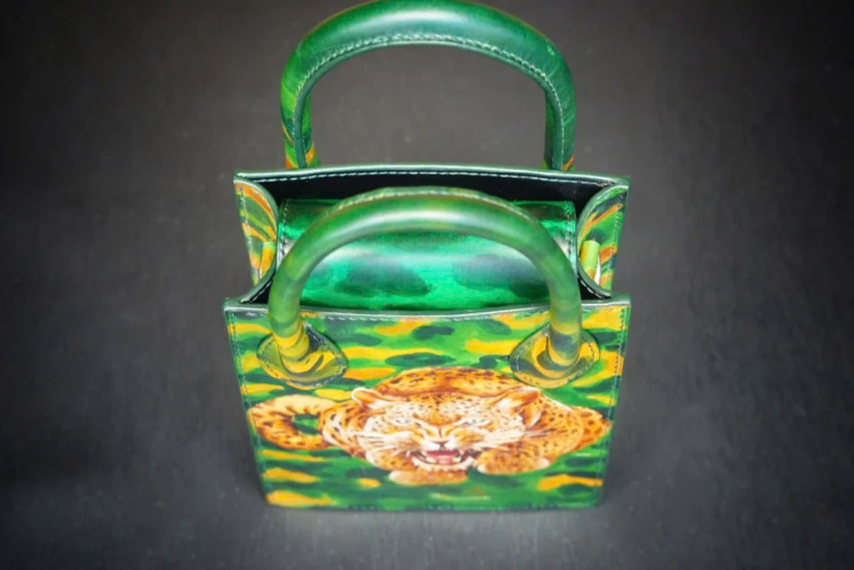 Saigon Leather Hand-Painted Leather Bag “Leopard Roar” – Tropical Jungle Green - Image 5