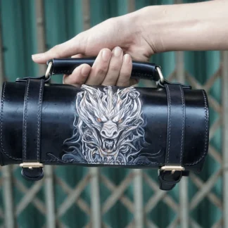 Wolf’s Fury” Handcrafted Leather Barrel Bag – 3D Carved & Hand-Painted Art