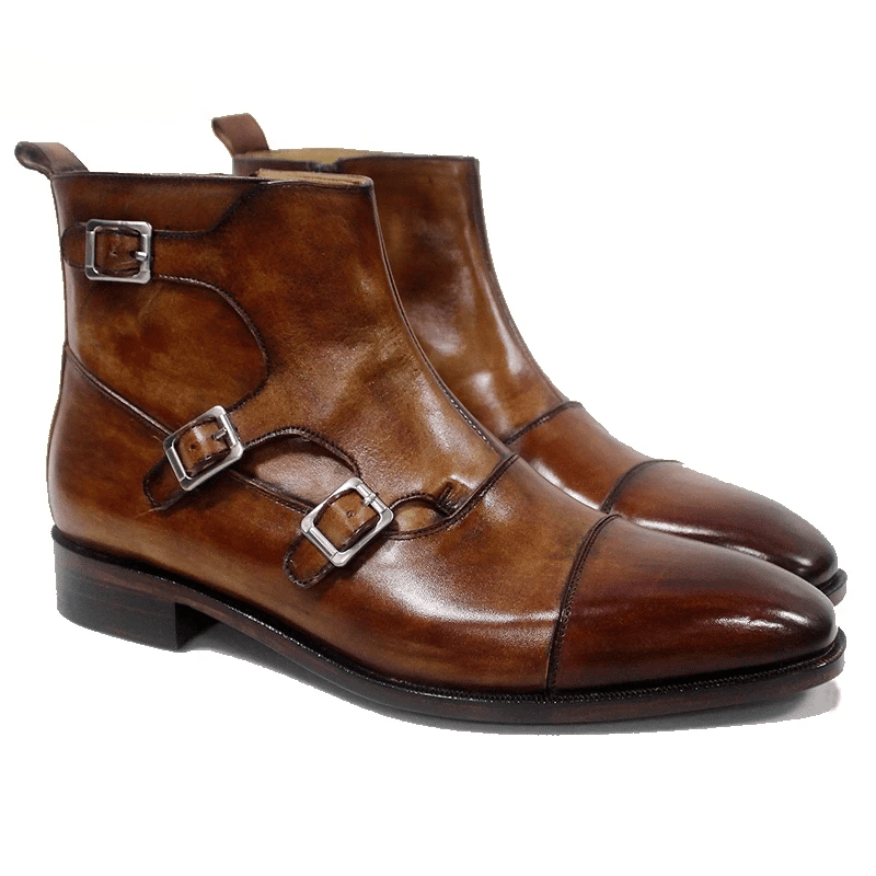 Saigon Leather's Men’s Handmade Patina Double Monk Strap Leather Boots – Full Grain Calf Leather Ankle Dress Boots - Image 2