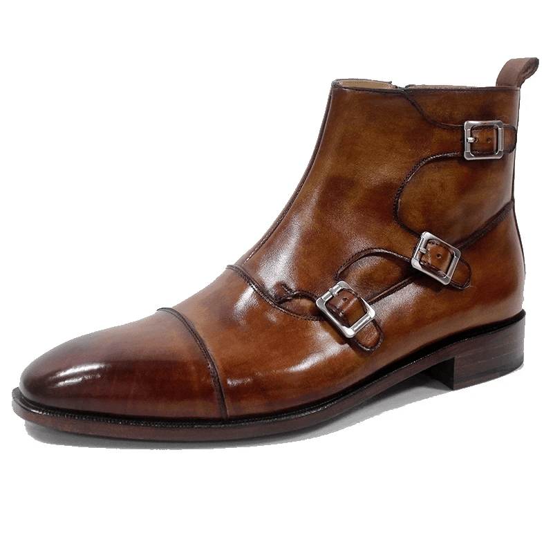 Saigon Leather's Men’s Handmade Patina Double Monk Strap Leather Boots – Full Grain Calf Leather Ankle Dress Boots