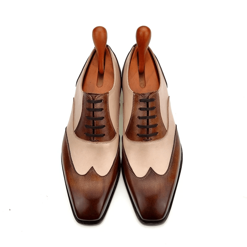 Men’s Handmade Two-Tone Oxford Dress Shoes – Full Grain Calf Leather Spectator Shoes | Brown & Cream - Image 5