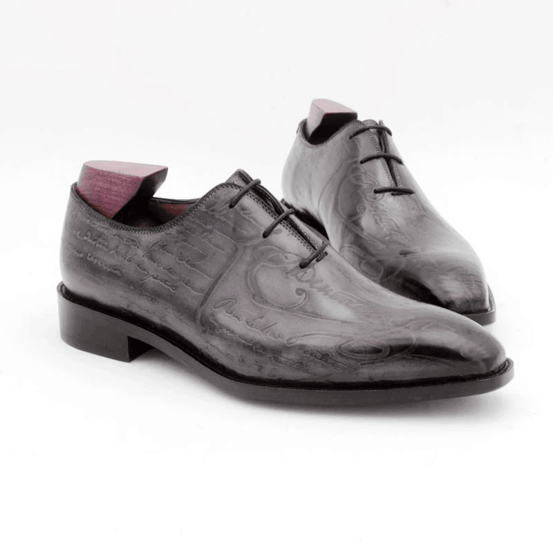 Men’s Handmade Wholecut Engraved Patina Oxford Shoes – Full Grain Calf Leather | Charcoal Grey - Image 2