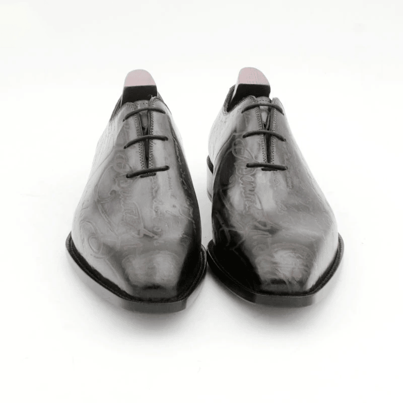 Men’s Handmade Wholecut Engraved Patina Oxford Shoes – Full Grain Calf Leather | Charcoal Grey - Image 3