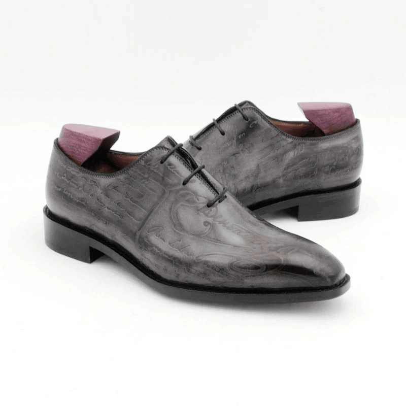 Men’s Handmade Wholecut Engraved Patina Oxford Shoes – Full Grain Calf Leather | Charcoal Grey - Image 4