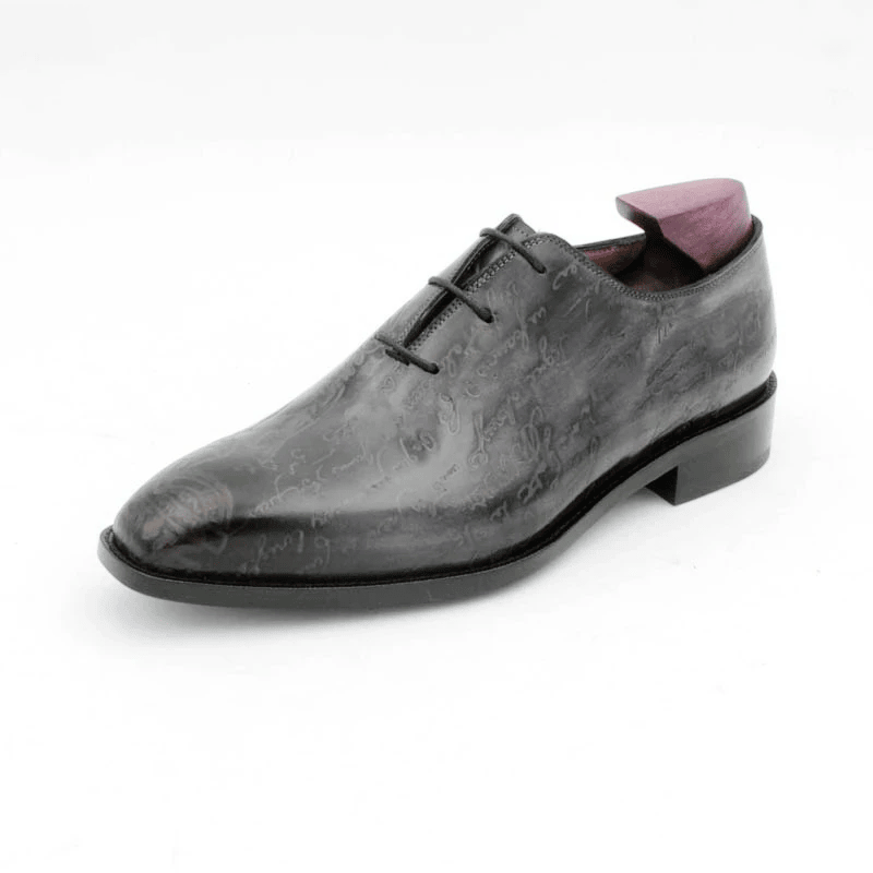 Men’s Handmade Wholecut Engraved Patina Oxford Shoes – Full Grain Calf Leather | Charcoal Grey