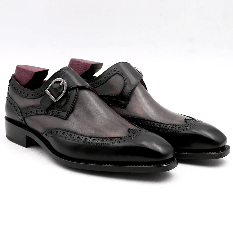 Men’s Handmade Wingtip Single Monk Strap Shoes – Full Grain Calf Leather Patina Dress Shoes | Black & Grey - Image 2